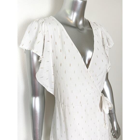 DREW Dresses & Skirts - DREW Wrap Midi Dress White Gold Stardust Hi Low Ruffle S